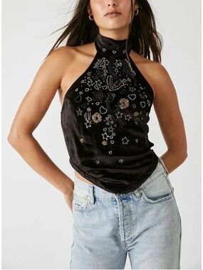 Free People Arianna Black Velvet Halter Top